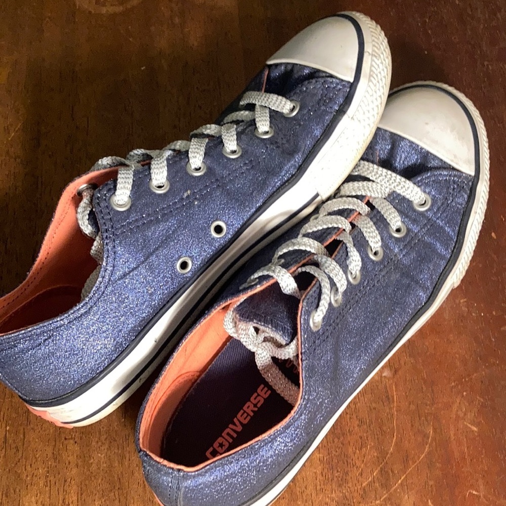 Converse All Star sparkly blue and white shoes.